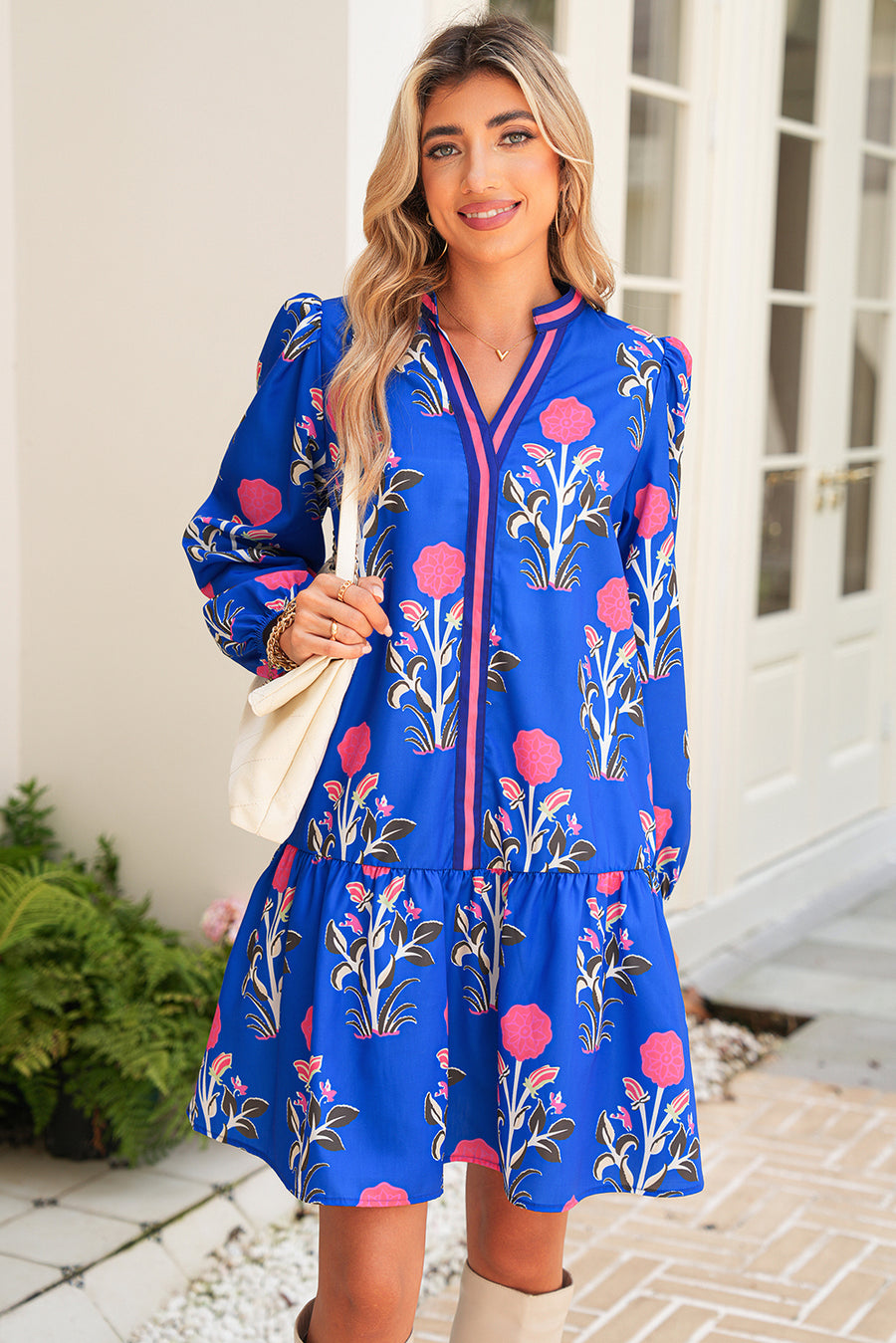 Floral Ruffle Hem Contrast Trim Neckline Mini Dress- 2 Colors