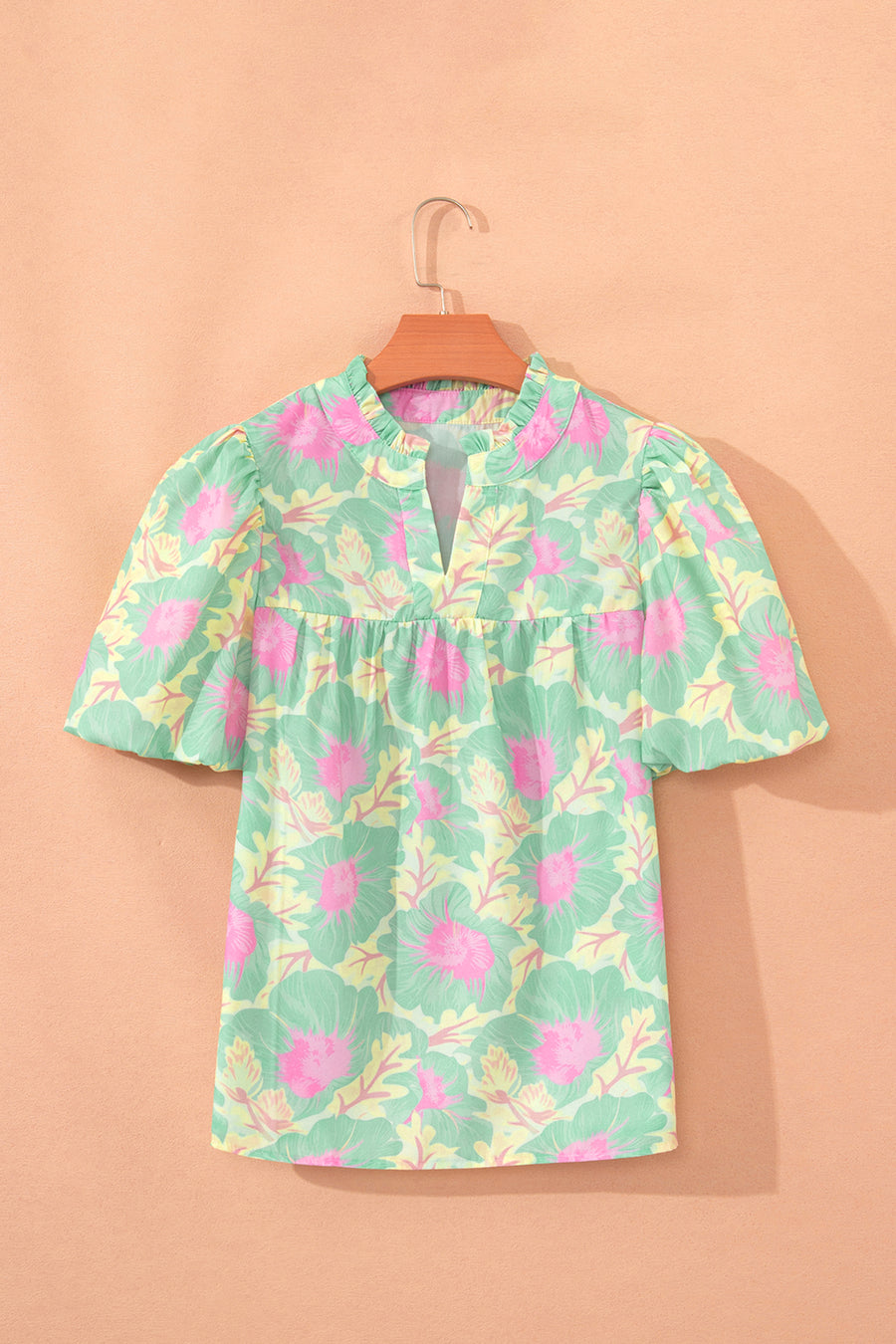 Short Bubble Sleeve Summer Floral Blouse A
