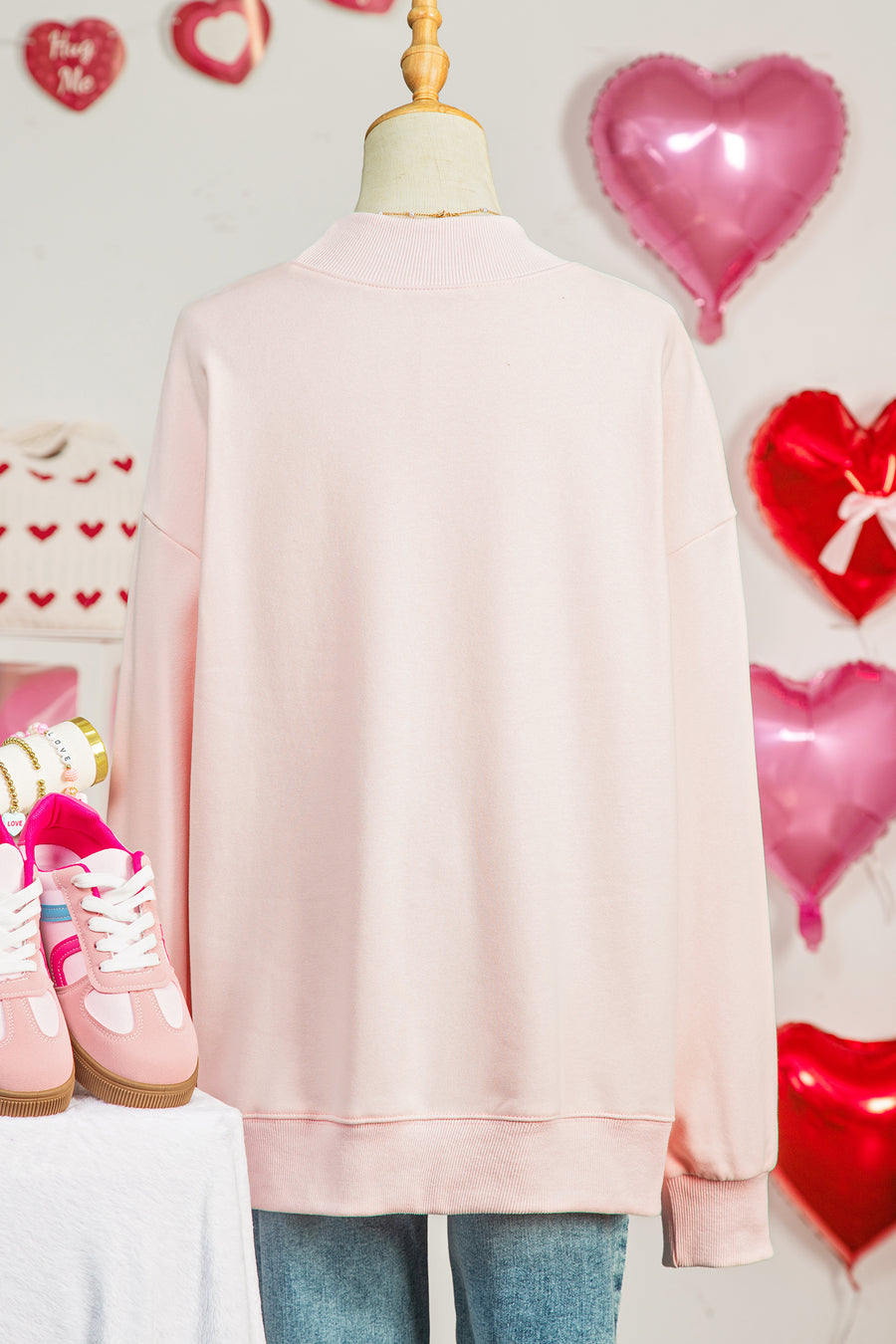 Apricot Pink Bow Heart Embroidered Mock Neck Sweatshirt