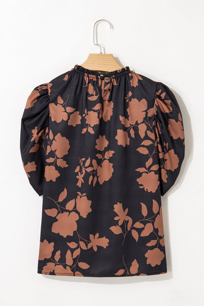 Chestnut Floral Print Frill Neck Bubble Sleeve Blouse