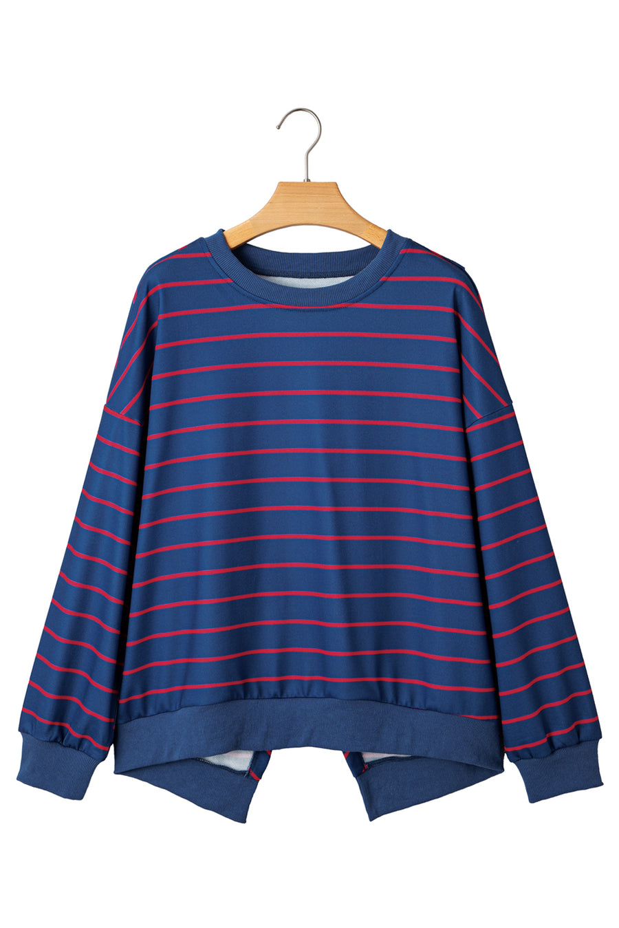 Striped Overlap Back Drop Shoulder Pullover Sweatshirt- 2 Colors