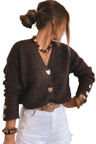 Chicory Coffee V Neck Metallic Heart Button Knit Cardigan