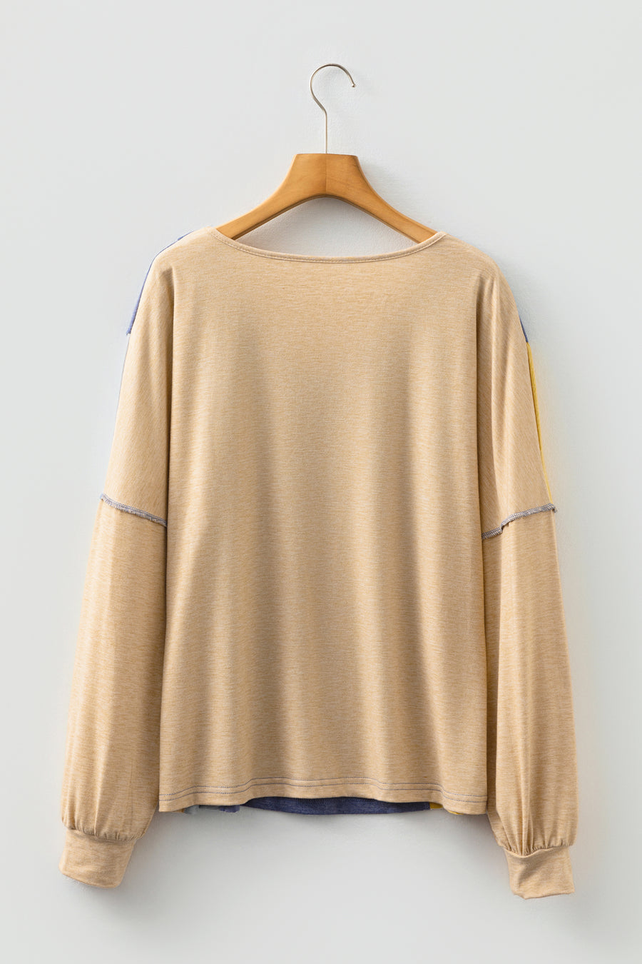 Blue Exposed Seam Color Block V-Neck Long Sleeve Top with Pocket