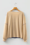 Blue Exposed Seam Color Block V-Neck Long Sleeve Top with Pocket