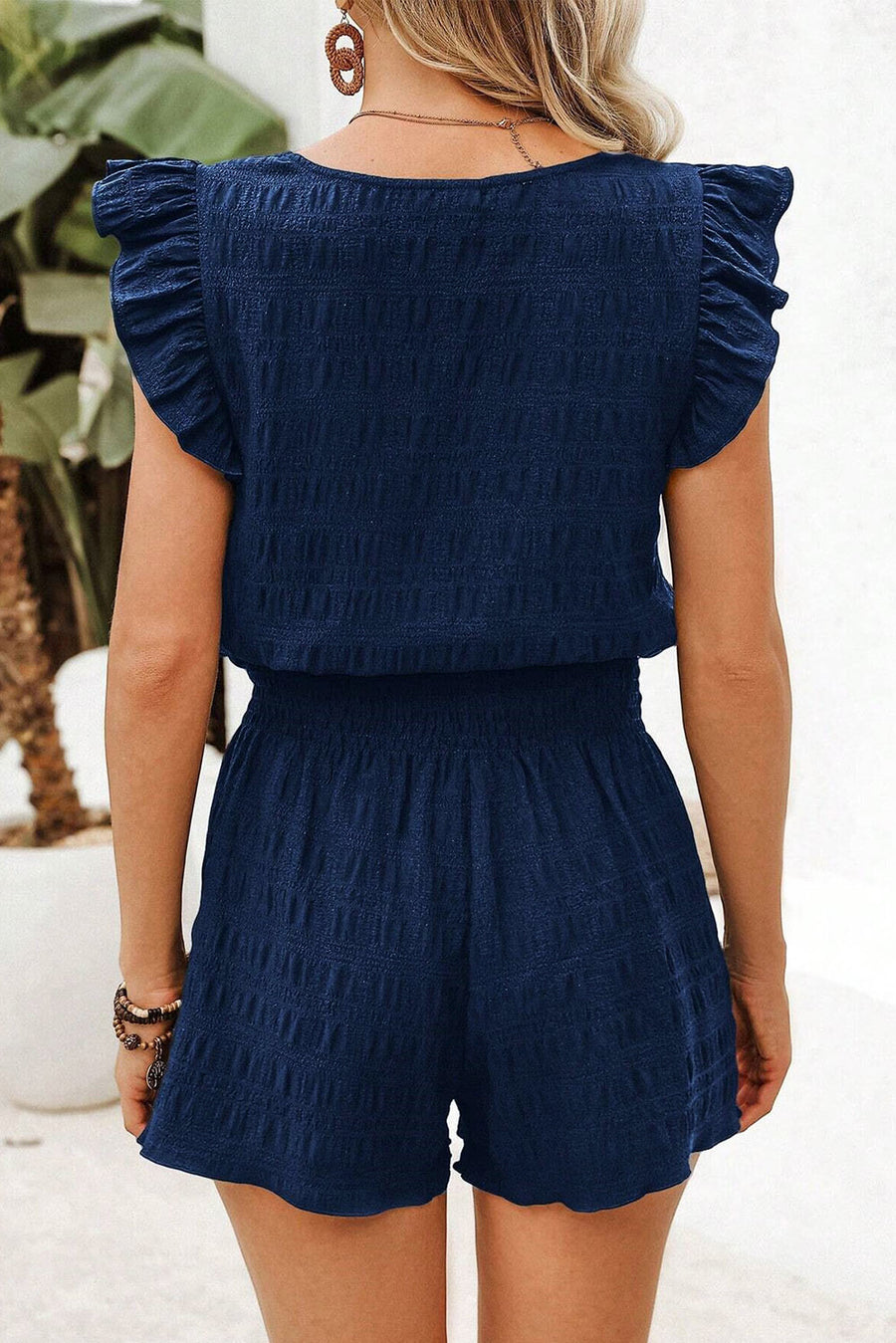 Textured Ruffle Blouse and Shirred High-Waist Shorts Set- 5 Colors