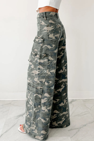Green Camo Multi Pocket Cargo Wide Leg Jeans