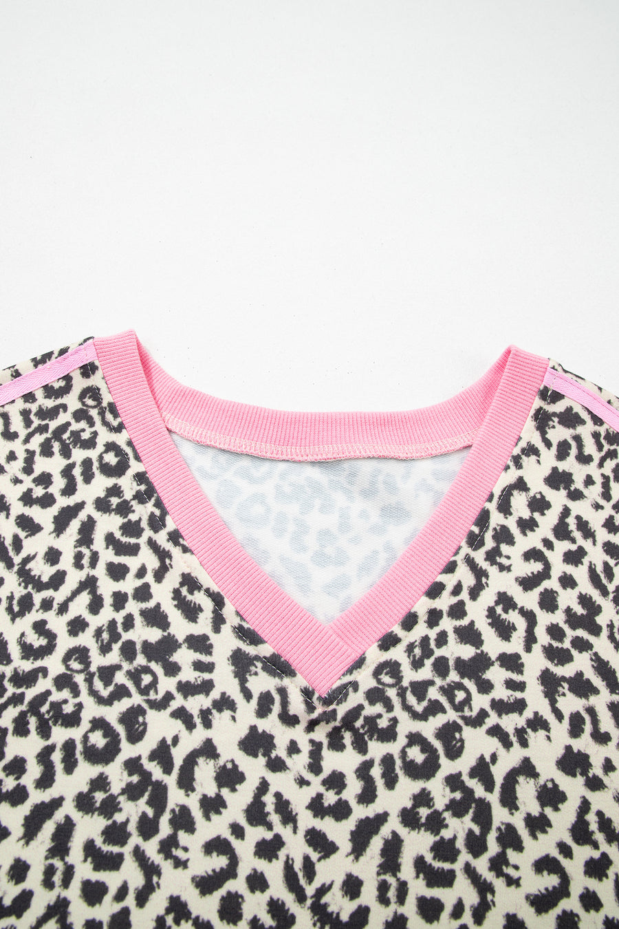 Leopard Print V-Neck Contrast Varsity Stripe Short Sleeve T-Shirt