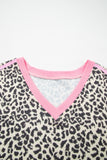 Leopard Print V-Neck Contrast Varsity Stripe Short Sleeve T-Shirt