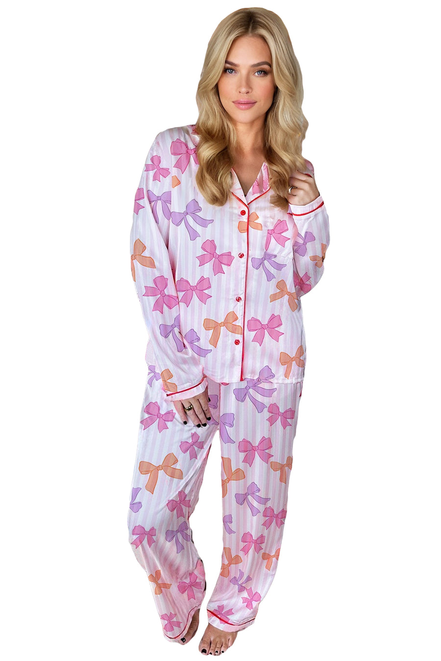 Pink Striped Bow Print Piping Trim Long Sleeve Pajama Set
