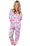Pink Striped Bow Print Piping Trim Long Sleeve Pajama Set