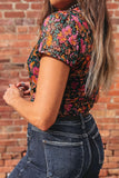 Black Floral Mesh Lettuce Trim Short Sleeve Blouse A