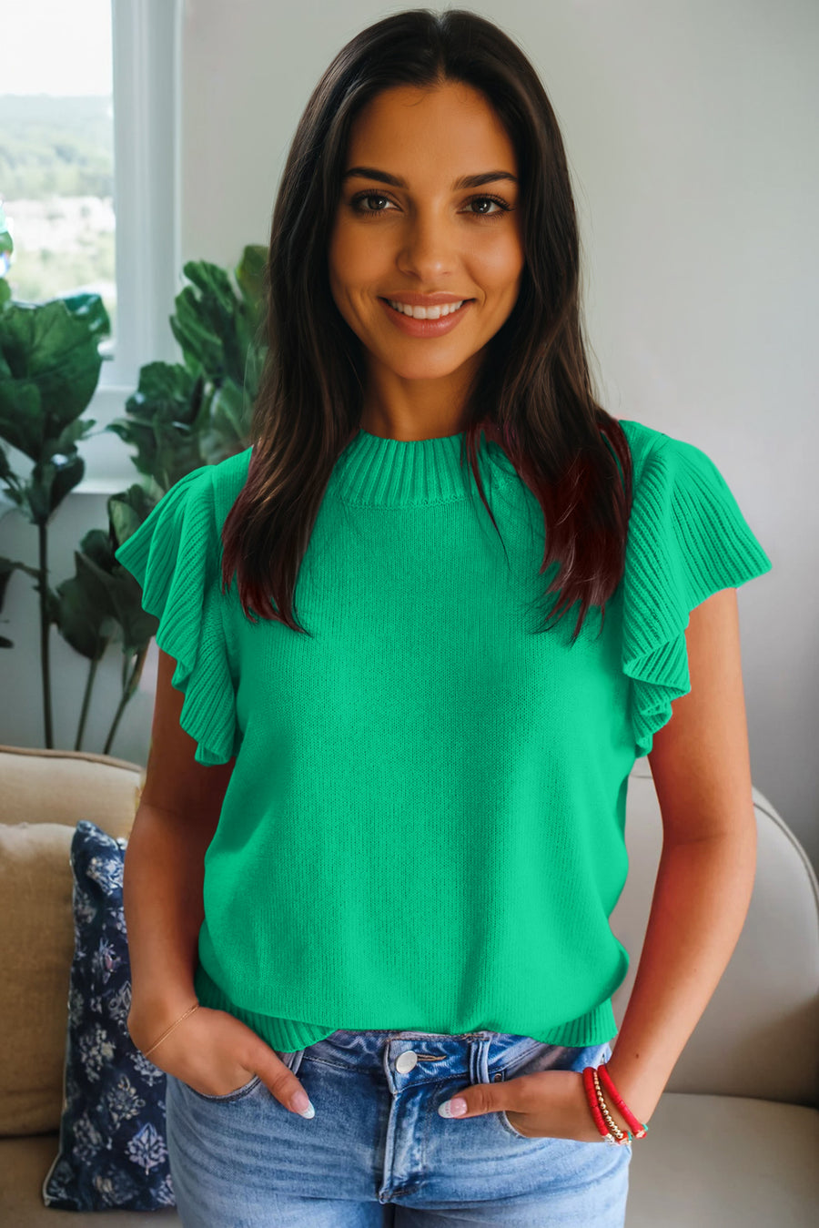 Ribbed Trim Crew Neck Ruffled Short Sleeve Sweater- 3 Colors