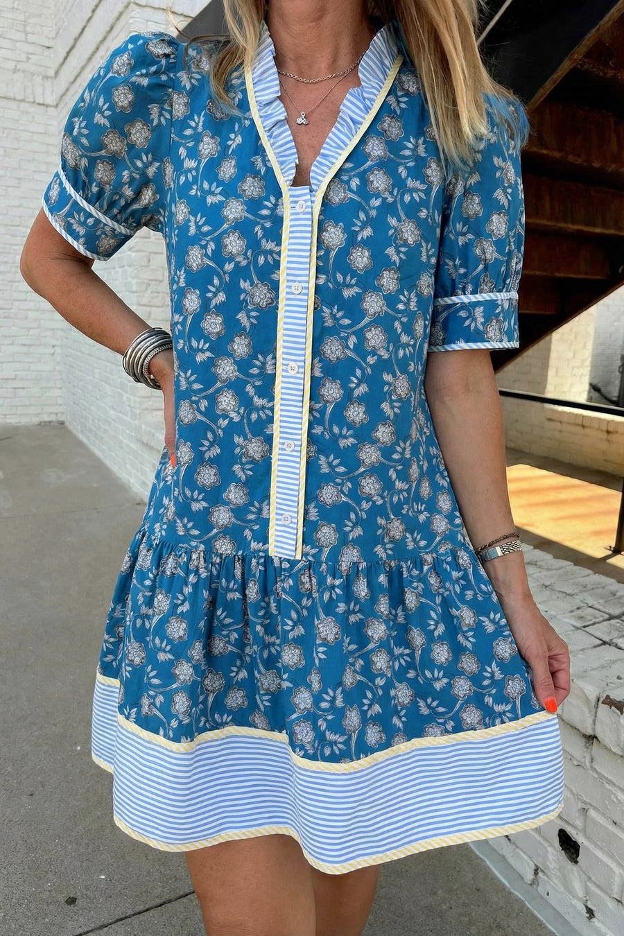 Blue Floral Striped Frill Neck Button-Up Short Sleeve Mini Dress
