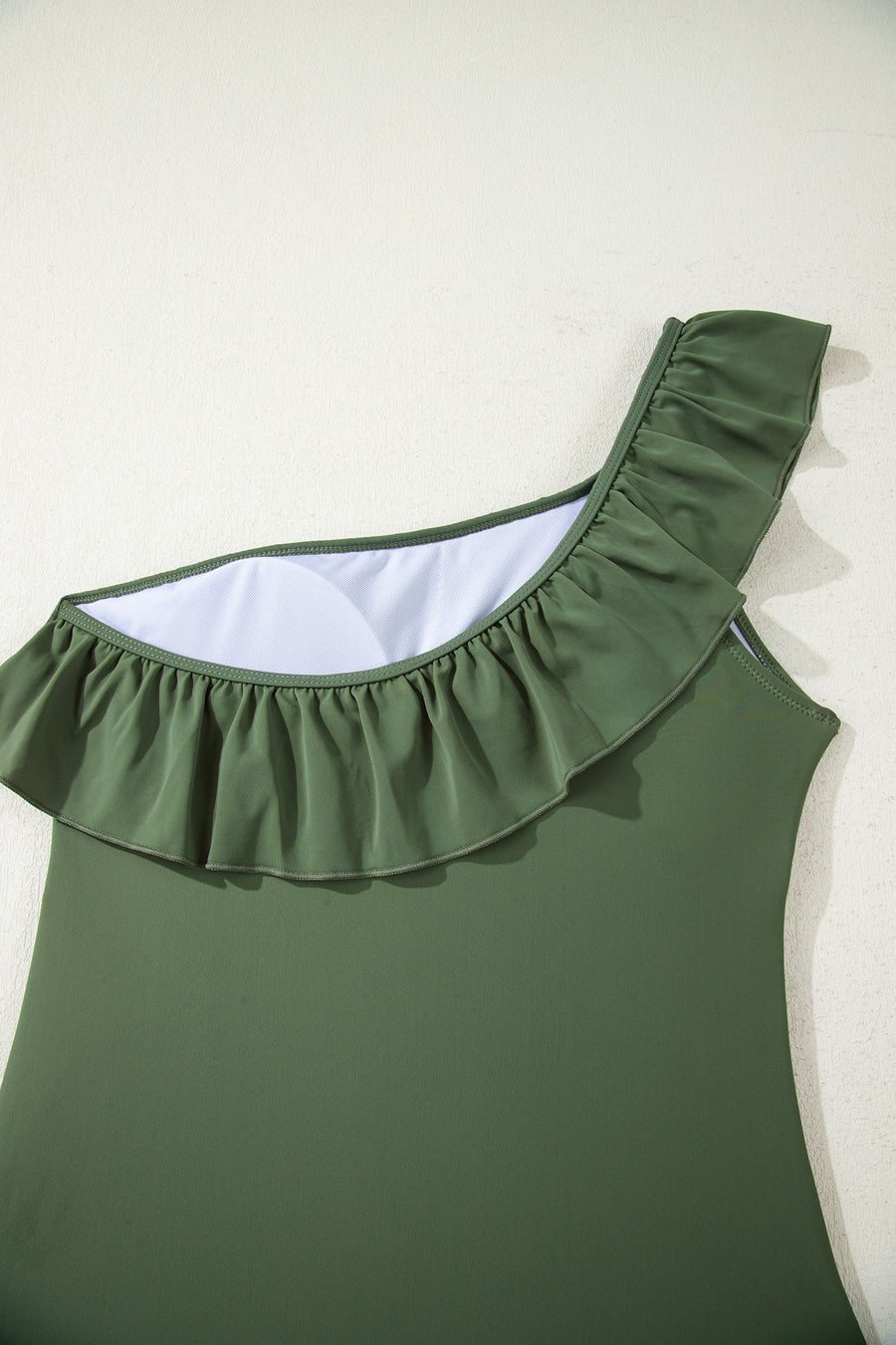 Solid Color Ruffle Trim One-Shoulder One-Piece Swimsuit- 3 Colors