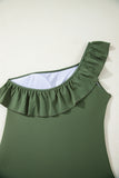 Solid Color Ruffle Trim One-Shoulder One-Piece Swimsuit- 3 Colors