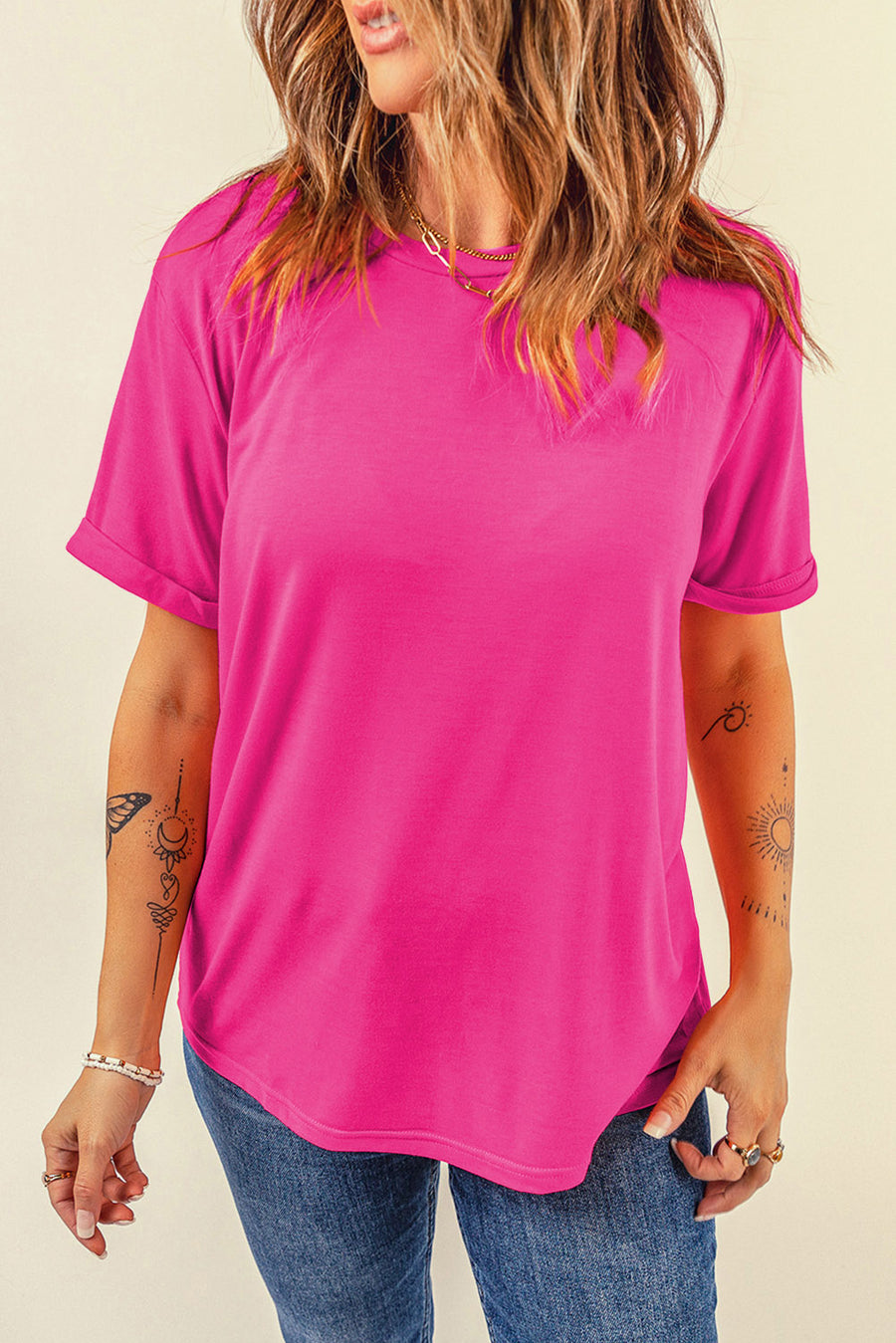 Basic Crew Neck Rolled Sleeve T-Shirt- 12 Colors