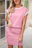 Contrast Trim Textured Crew Neck Top and Pocketed Skirt Set- 2 Colors