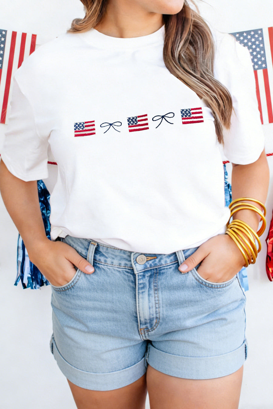 White Embroidered American Flags and Bows Short Sleeve T-Shirt