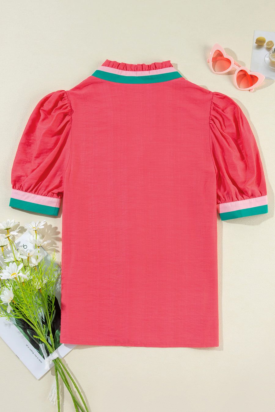 Puff Sleeve Color Block Frill V-Neck Blouse
