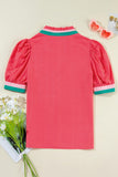 Puff Sleeve Color Block Frill V-Neck Blouse