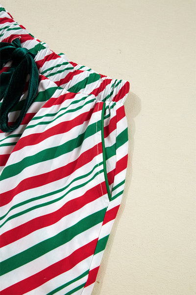Green Striped Piping Trim Velvet Ribbon Knot Christmas Pajama Set