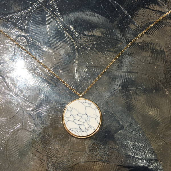 Gold Tone Double-Sided Stone Disk Necklace- Howlite & Blue