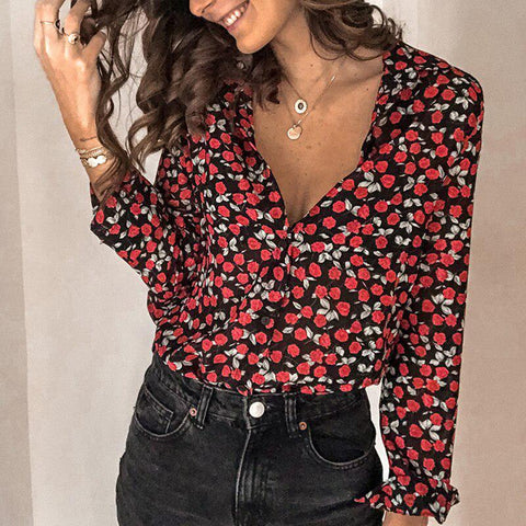 Women's Rose Print V-Neck Button-Up Collared Blouse- 2 Colors
