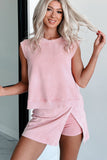 Yellow Cream Solid Color Washed Sleeveless Top Split Skort Cotton 2pcs Outfit