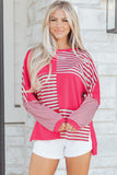Pink Stripe Color Block Patchwork Drop Shoulder Long Sleeve High-Low Top