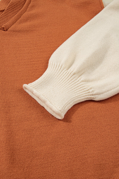 Desert Gold Colorblock Raw Edge Bubble Sleeve V Neck Sweater