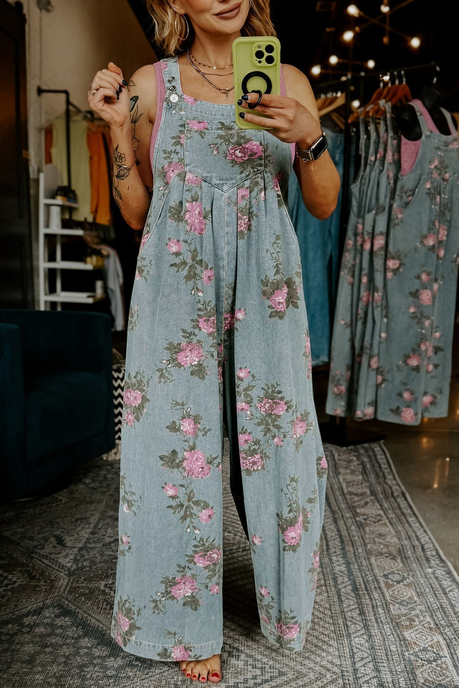 Floral Print Pleated High-Waist Wide Leg Denim Overalls- 3 Colors