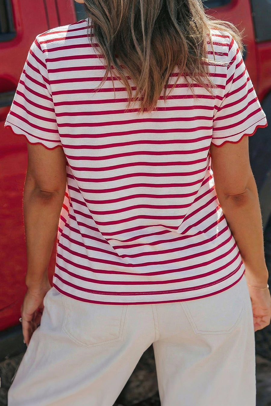 Striped Scalloped Trim Crew Neck Short Sleeve T-Shirt- 5 Colors