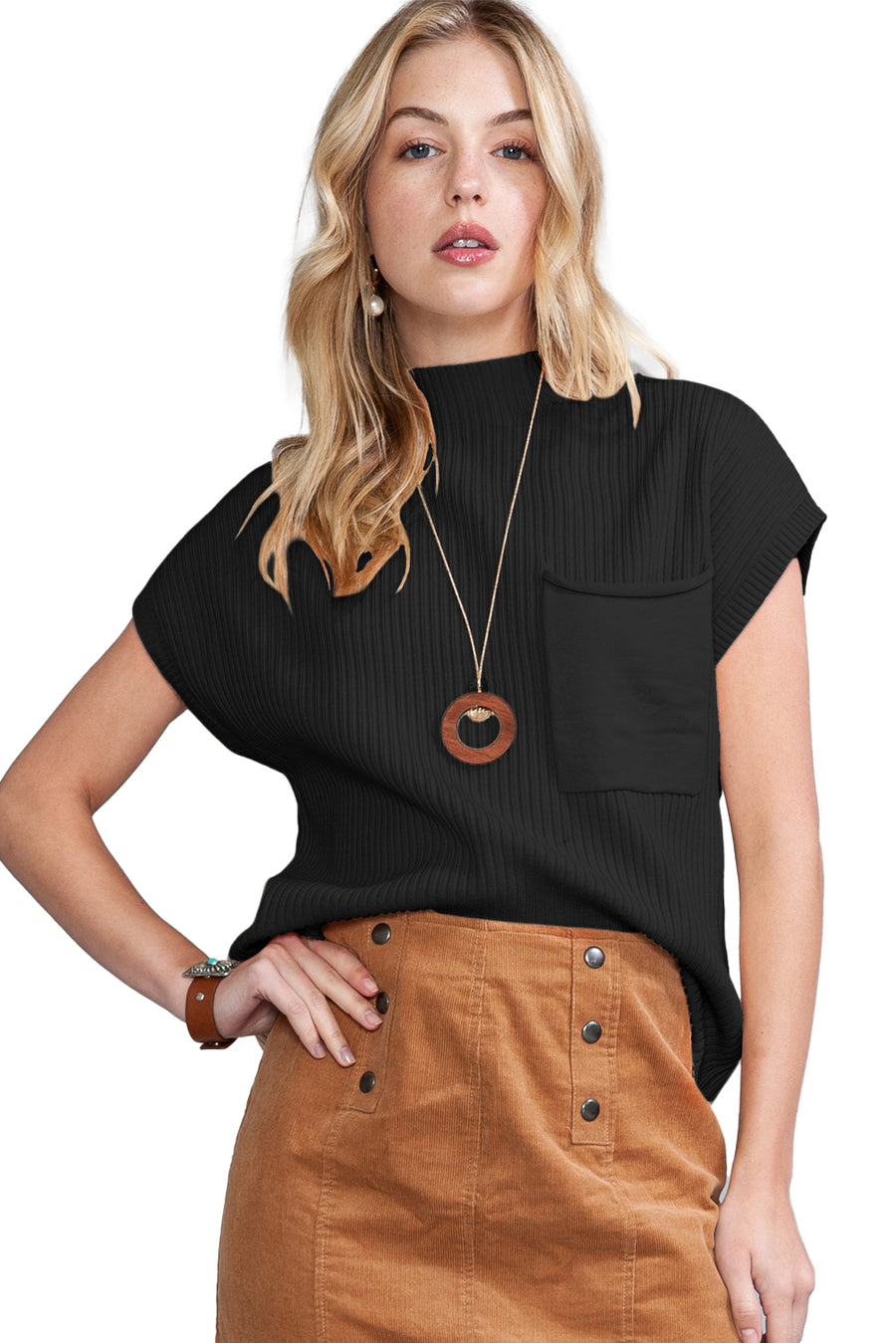 Green Pocket Ribbed Knit Short Sleeve Sweater- 9 Colors