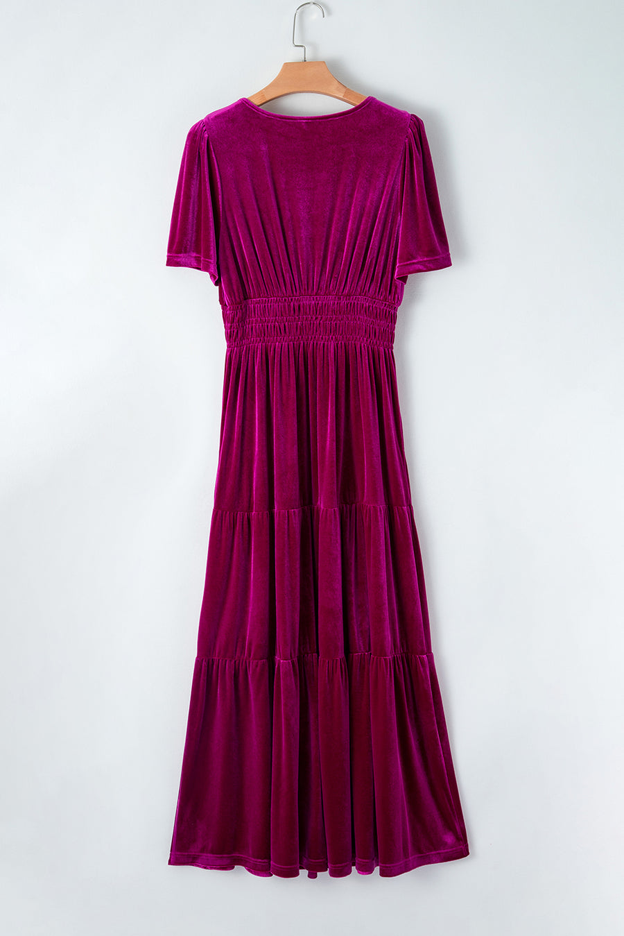Velvet Puff Short Sleeve Smocked Waist Tiered Maxi Dress with Pockets- 3 Colors