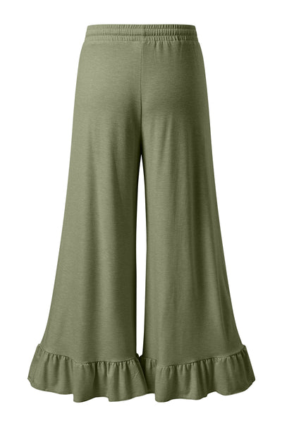 Jungle Green Solid Color Ruffle Hem Wide Leg Pants