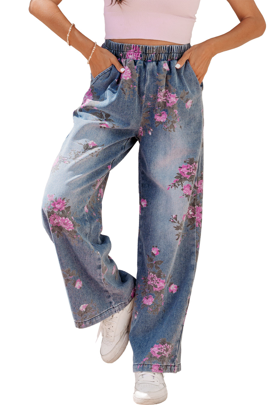 Floral Print Elastic Waist Pull-On Jeans
