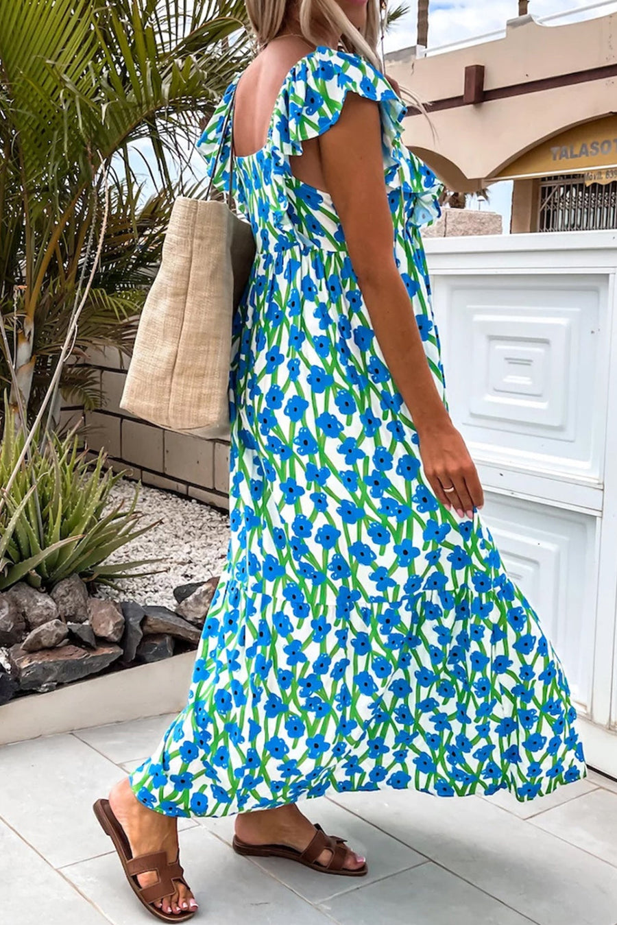 Floral Print Square Neck Ruffled Strap Maxi Dress- 2 Colors
