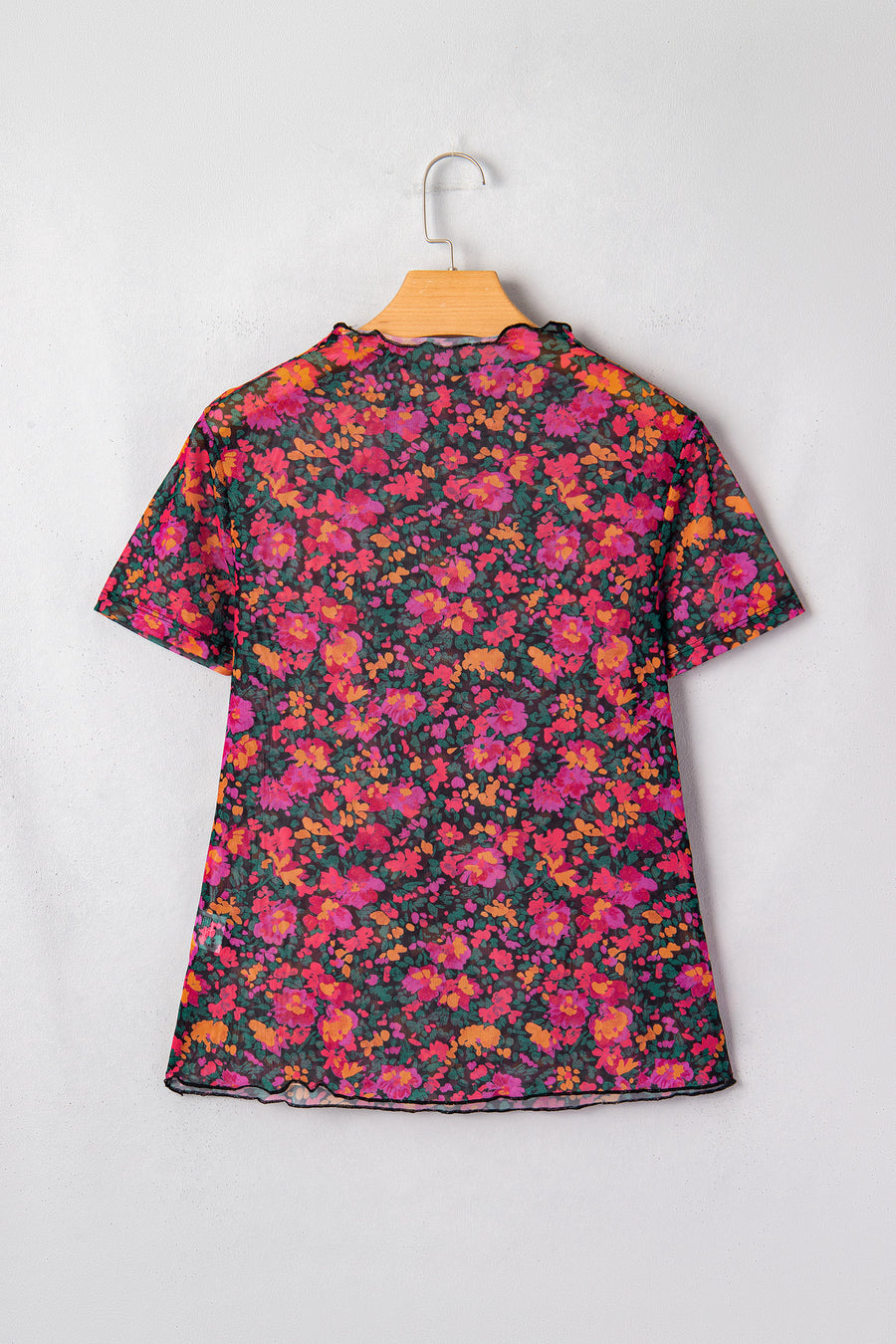 Black Floral Mesh Lettuce Trim Short Sleeve Blouse A
