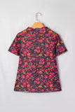 Black Floral Mesh Lettuce Trim Short Sleeve Blouse A