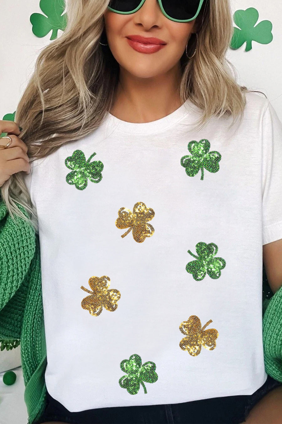 White Sequin Clovers Graphic T-Shirt