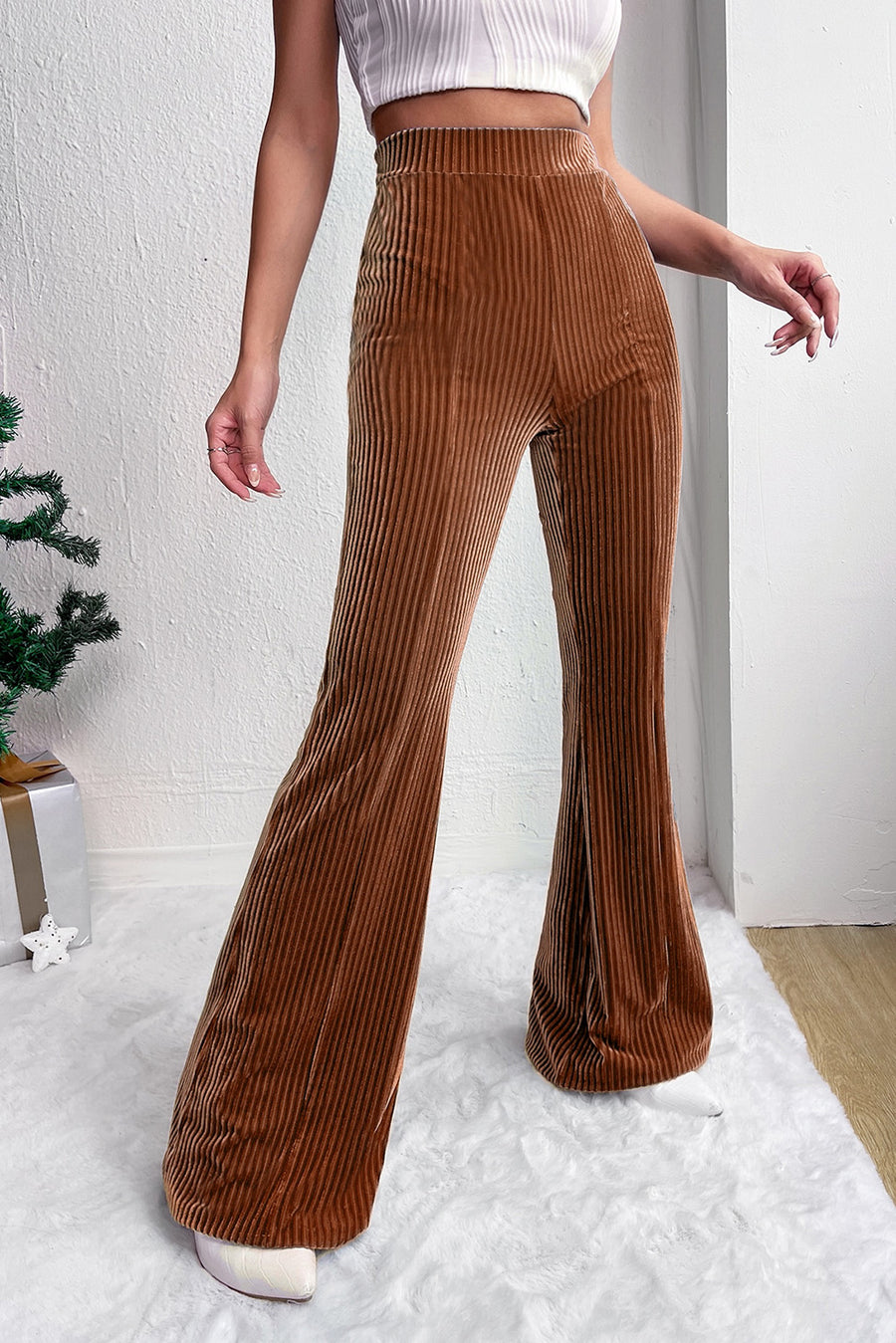 Chestnut High-Waist Corduroy Flare Pants
