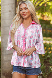 Bright Pink Bow Bouquets Collared Ruffled Short Sleeve Button-Up Blouse