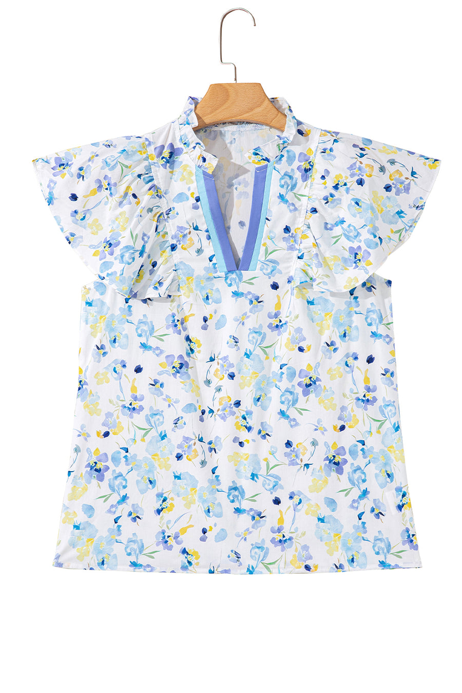 Blue Floral Frilled Notch Neck Ruffle Sleeve Blouse