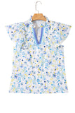Blue Floral Frilled Notch Neck Ruffle Sleeve Blouse