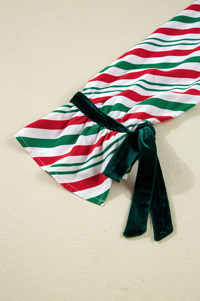 Green Striped Piping Trim Velvet Ribbon Knot Christmas Pajama Set