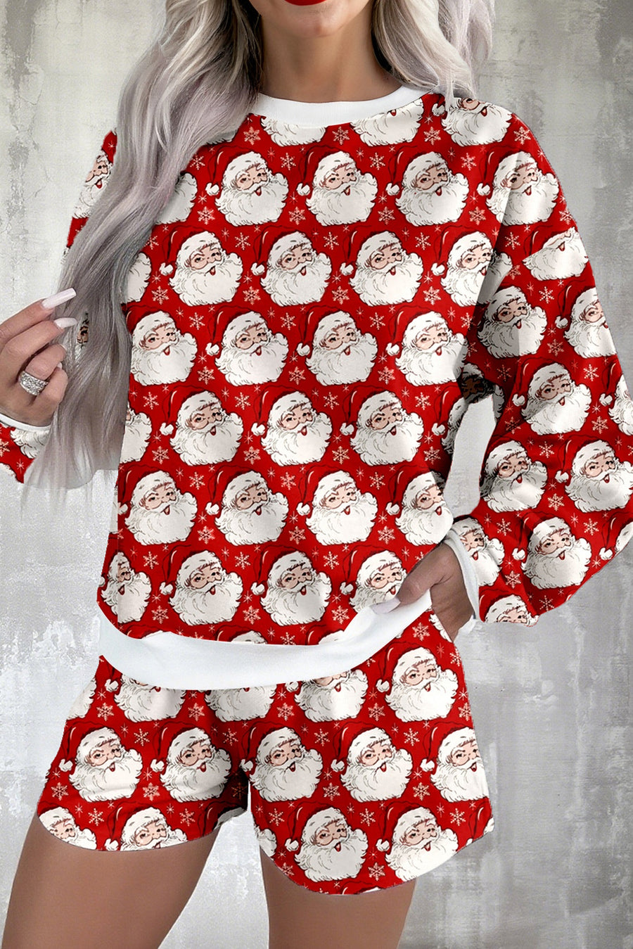 Pink Santa Claus Graphic Christmas Tree Long Sleeve Pajama Set- 2 Colors