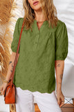 V-Neck Short Sleeve Eyelet Button-Up Blouse- 3 Colors