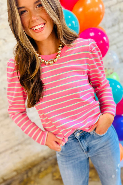 Pink Striped Textured Knit Puff Sleeve Crew Neck Top