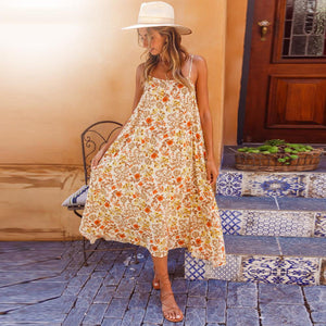 Women's Bohemian Spaghetti Strap Floral Print Trapeze Dress