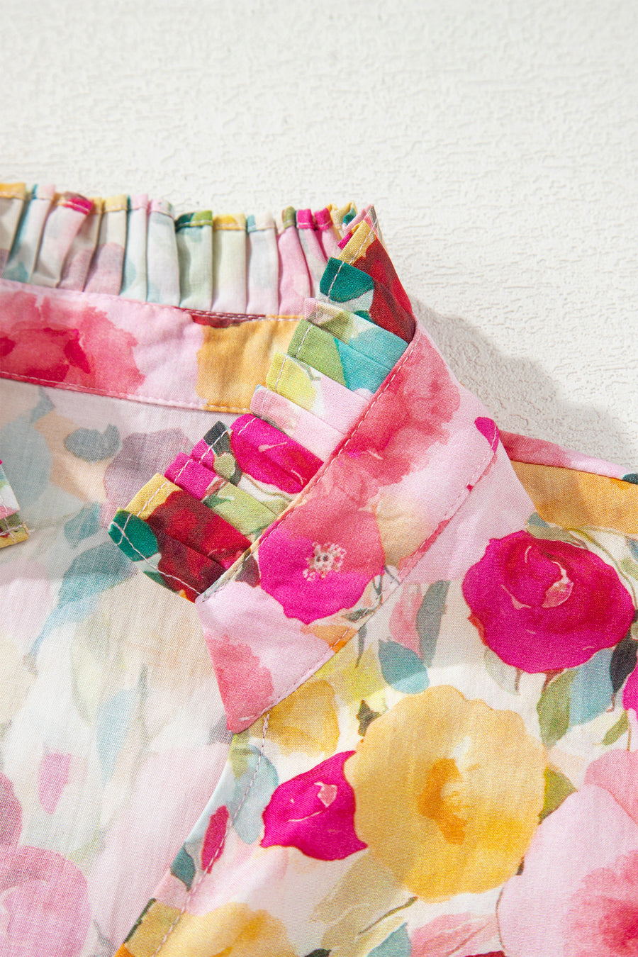 Pink Floral Frilled V-Neck Puff Short Sleeve Blouse